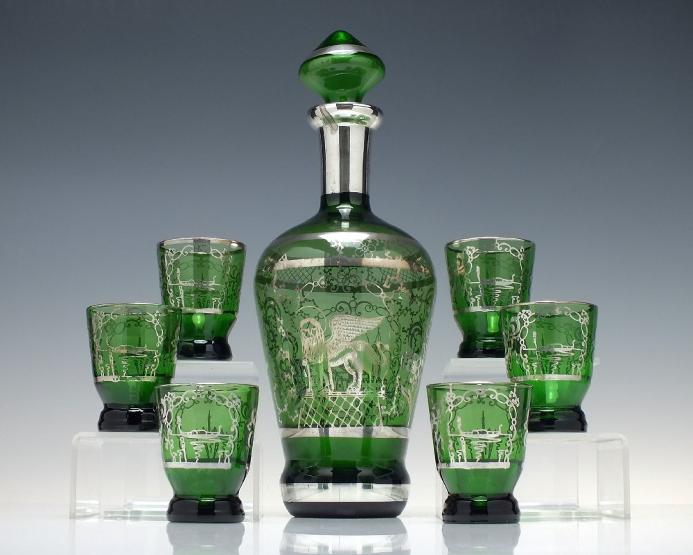 Antique Murano Silvered Green Glass Decanter & Six Matching Glasses c1920
