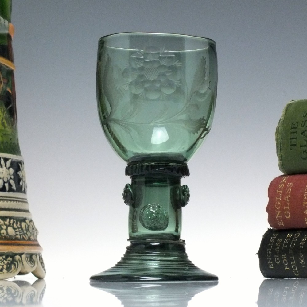 Antique 18th Century Jacobite Sympathy Wine Roemer Glass with Hollow Stem c1760