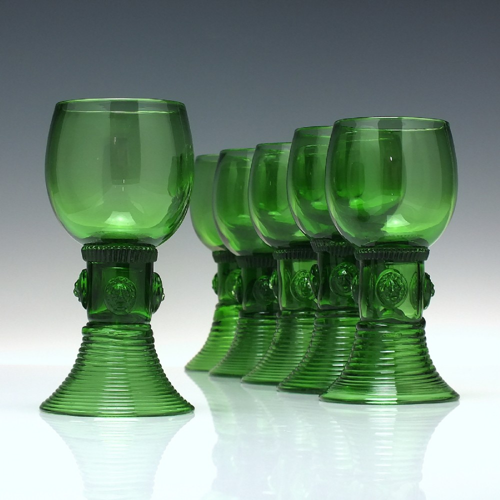 Six Antique Green Wine Roemer Glasses with Hollow Stems c1840