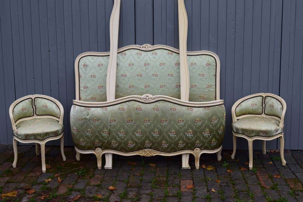 FRENCH CORBEILLE BED & PAIR BEDROOM CHAIRS