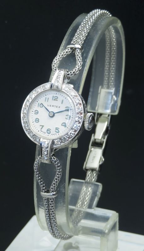 fig 1. LOVELY SOLID 18CT WHITE GOLD AND DIAMOND VERTEX LADIES COCKTAIL WATCH C1958