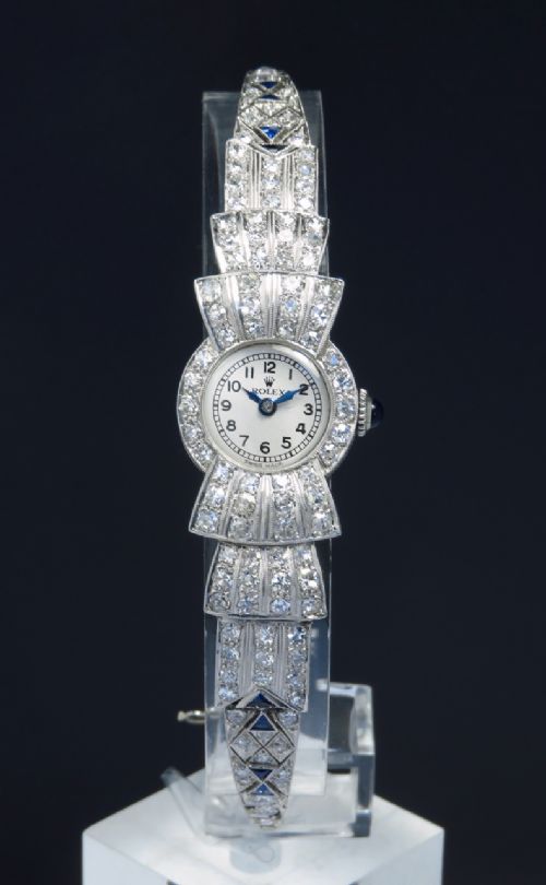 fig 1. STUNNING ROLEX PLATINUM DIAMOND AND SAPPHIRE LADIES ART DECO COCKTAIL WATCH C1930