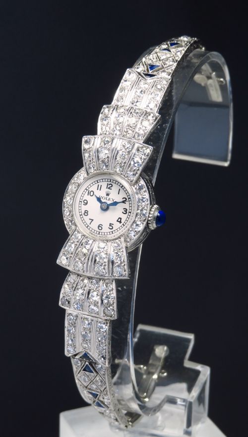 fig 2. STUNNING ROLEX PLATINUM DIAMOND AND SAPPHIRE LADIES ART DECO COCKTAIL WATCH C1930