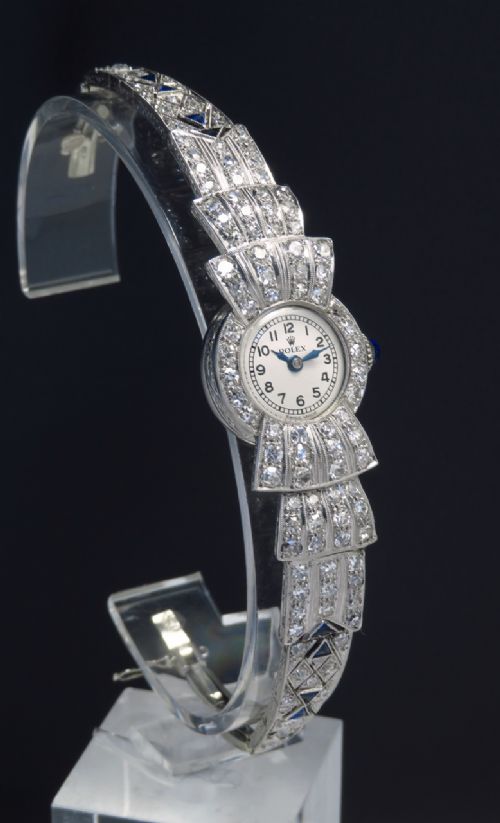 fig 3. STUNNING ROLEX PLATINUM DIAMOND AND SAPPHIRE LADIES ART DECO COCKTAIL WATCH C1930