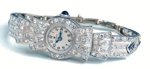 fig 4. STUNNING ROLEX PLATINUM DIAMOND AND SAPPHIRE LADIES ART DECO COCKTAIL WATCH C1930