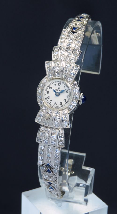 Stunning Rolex Platinum Diamond and Sapphire Ladies Art Deco Cocktail Watch C1930