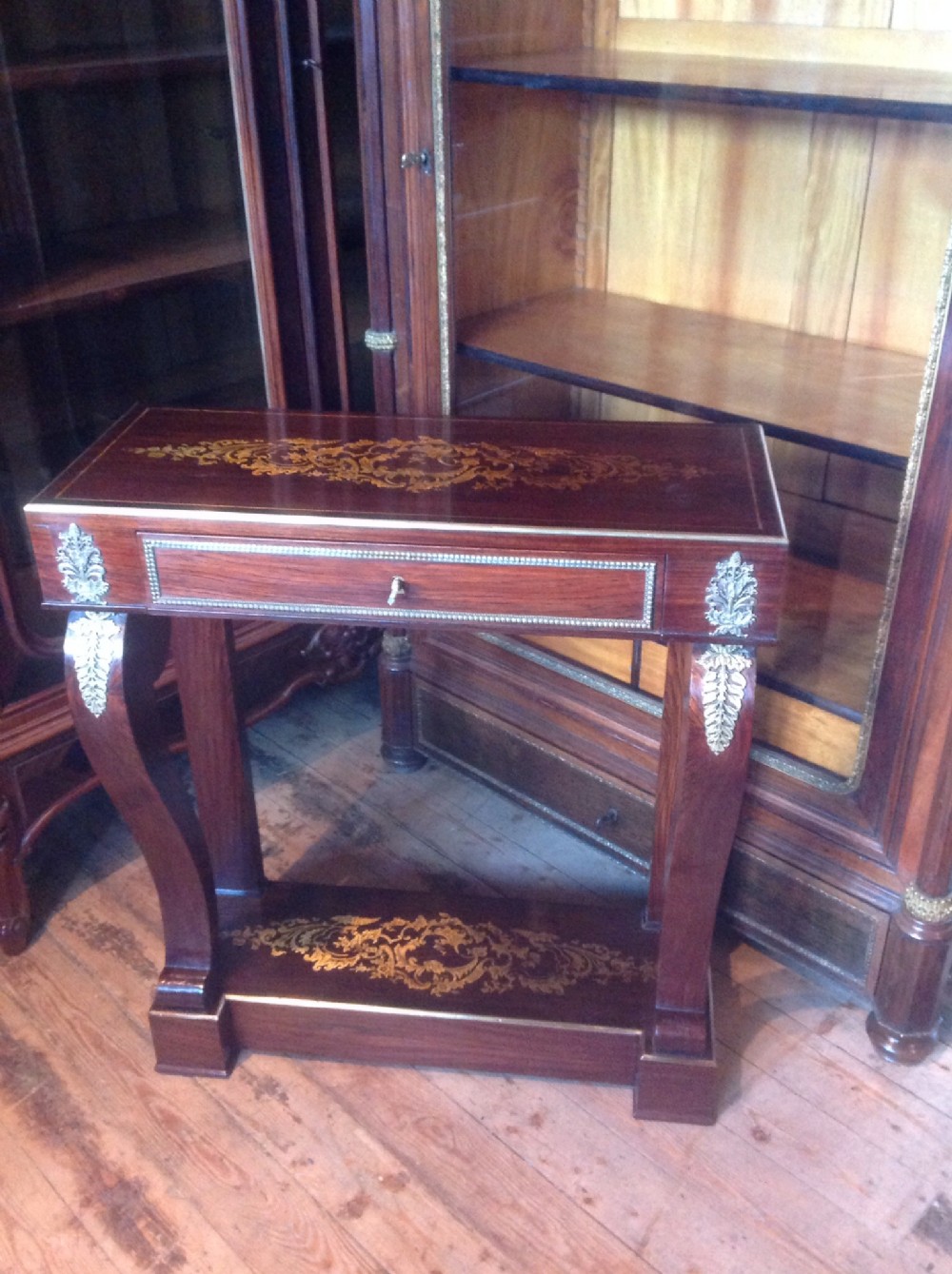 French rosewood brass inlaid console table