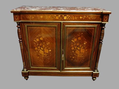 Superb French Marble Topped Rosewood Marquetry Two Door Cabinet