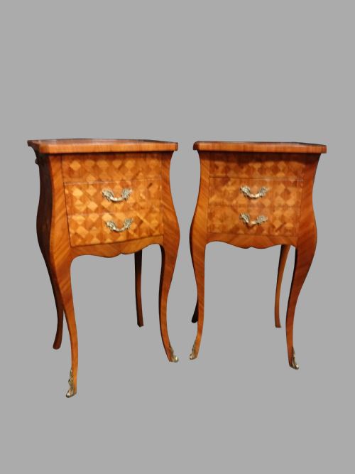 Pair Exquisite French Parquetry Bedside Lamp Chests of Drawers