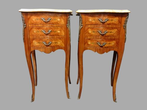 A Good Pair French Marquetry  Bedside Chests of Drawers