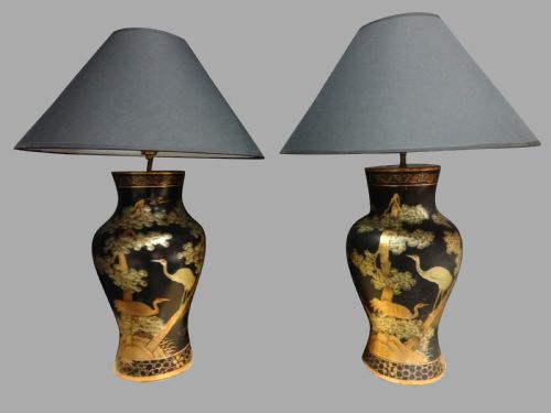 Good Pair Chinoiserie Laquered Table Lamps
