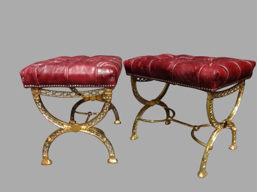 Outstanding Pair Brass and Leather Fireside Stools