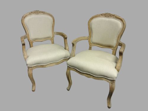Pair Bleached Oak French Arm Carver Chairs