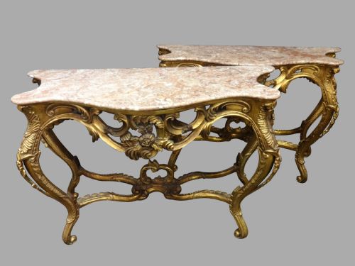 A Good Pair of Large Gilt Marble Topped Console Tables