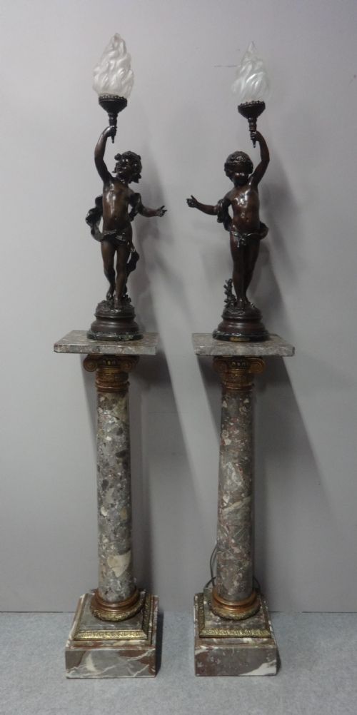 Wonderful Pair of C19th Marble Pedestals with Spelter Lamps