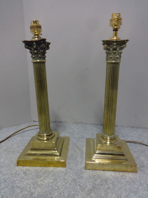 Near Pair Brass Column  Table Lamps