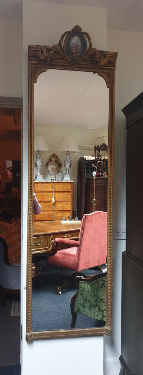 Tall French Slim Gilt Mirror Sevres Plaque