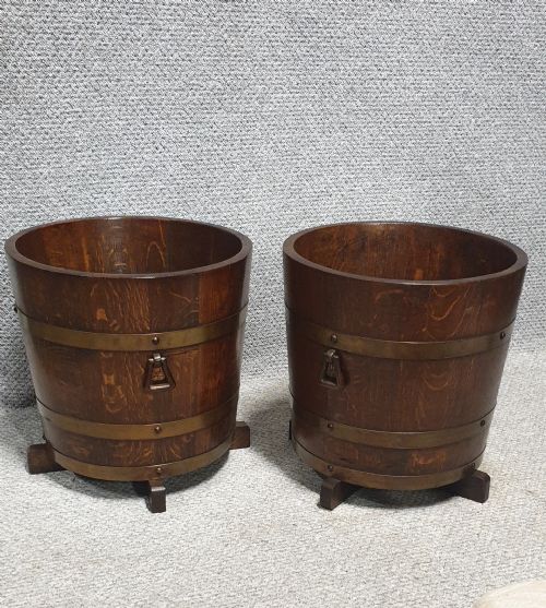 Pair Large Banded Oak Planters