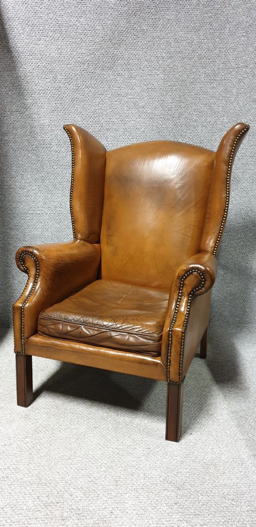 Superb Tan Leather Winged Armchair