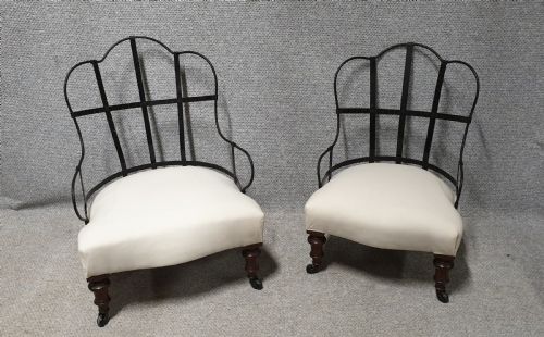 Pair Iron Framed Walnut Chairs