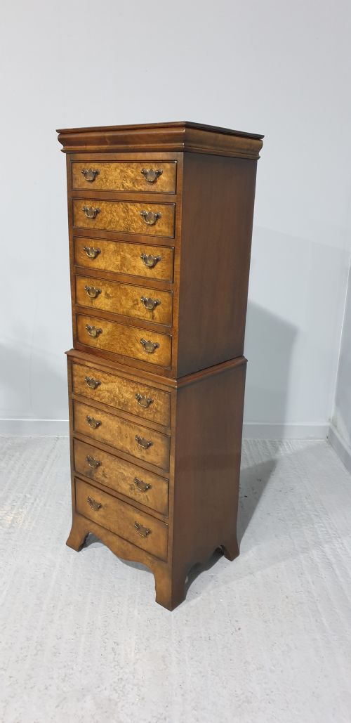 fig 1. Burr Walnut Chest on Chest of Drawers of Small Proportions