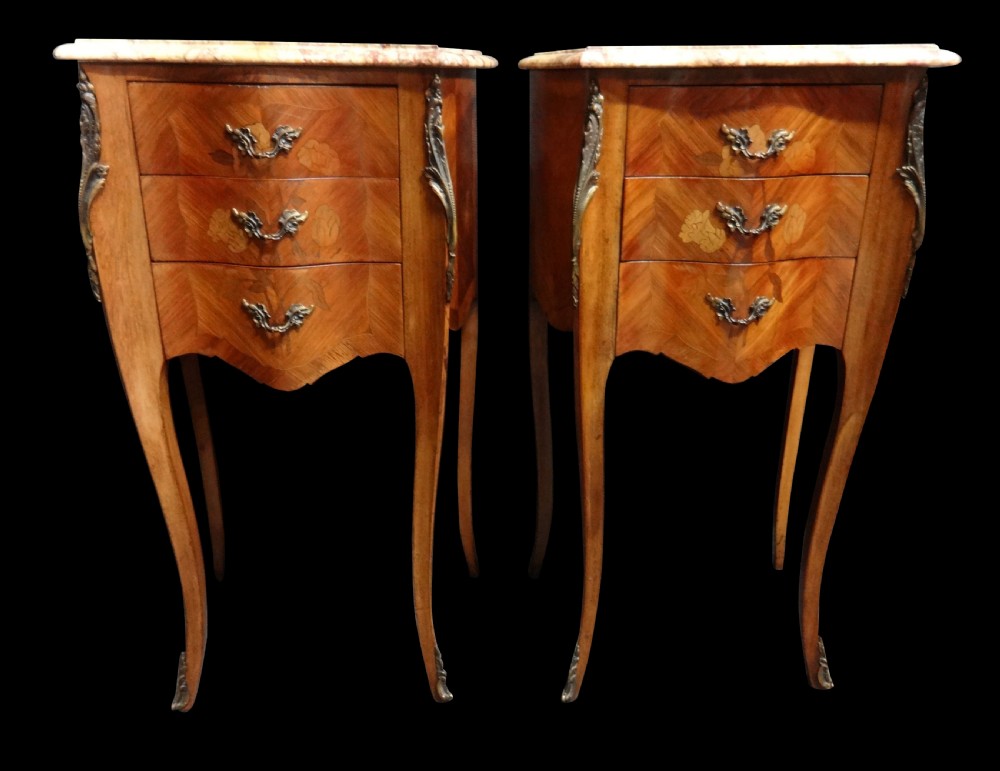 Good Pair French Marquetry Bedside Chest of Drawers