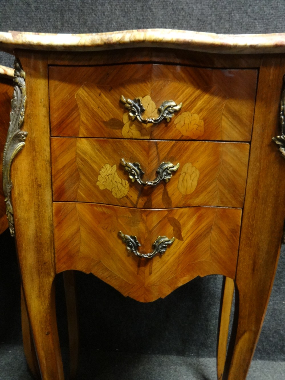 Good Pair French Marquetry Bedside Chest of Drawers View II