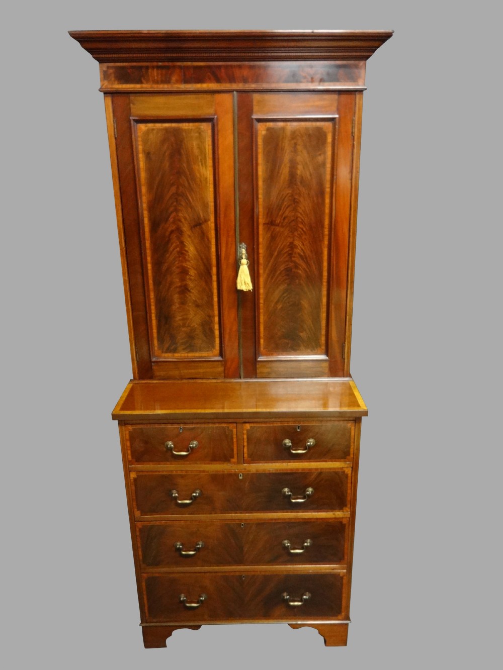 Very Good Inlaid Mahogany Bookcase Cabinet on Chest of Small Proportions