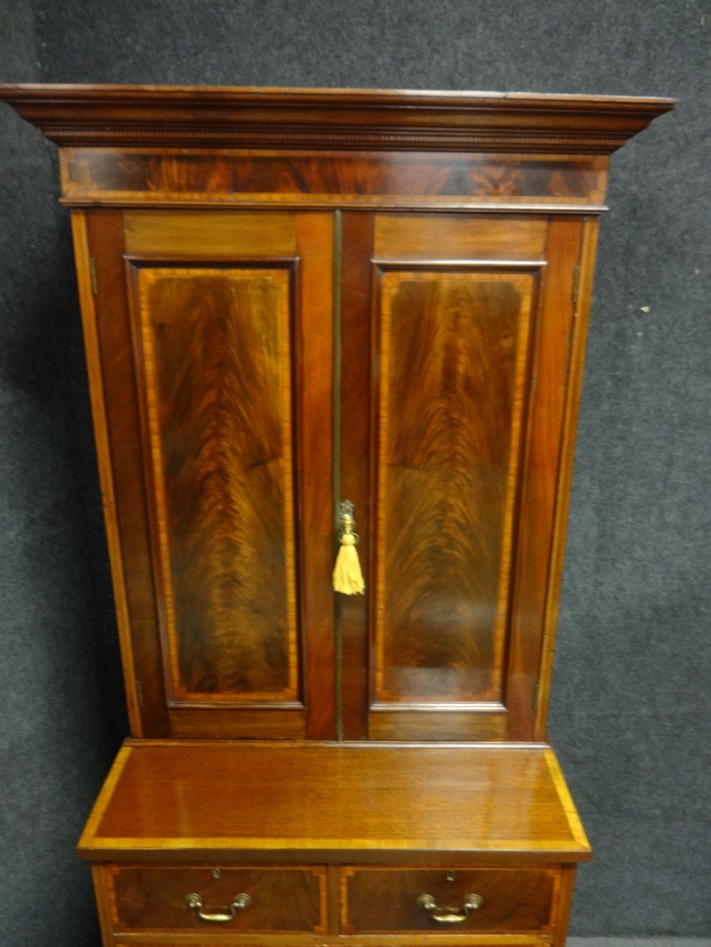 Very Good Inlaid Mahogany Bookcase Cabinet on Chest of Small Proportions View II