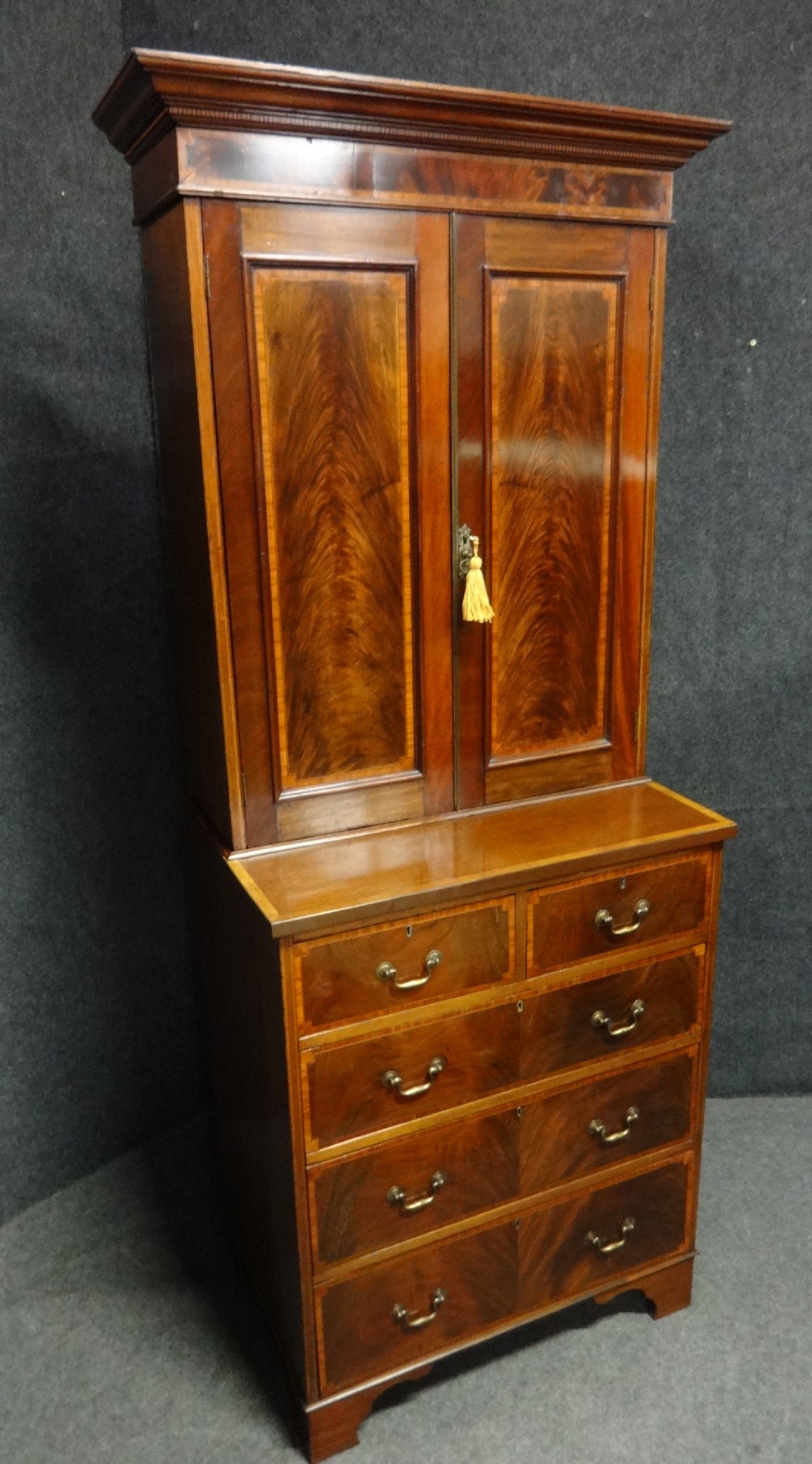 Very Good Inlaid Mahogany Bookcase Cabinet on Chest of Small Proportions View VI