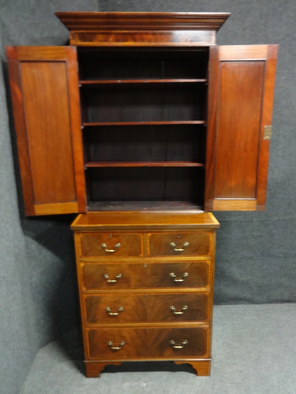 Very Good Inlaid Mahogany Bookcase Cabinet on Chest of Small Proportions View IX
