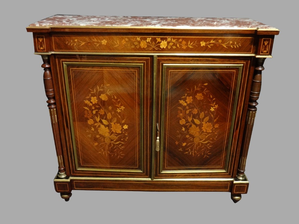 Superb French Marble Topped Rosewood Marquetry Two Door Cabinet