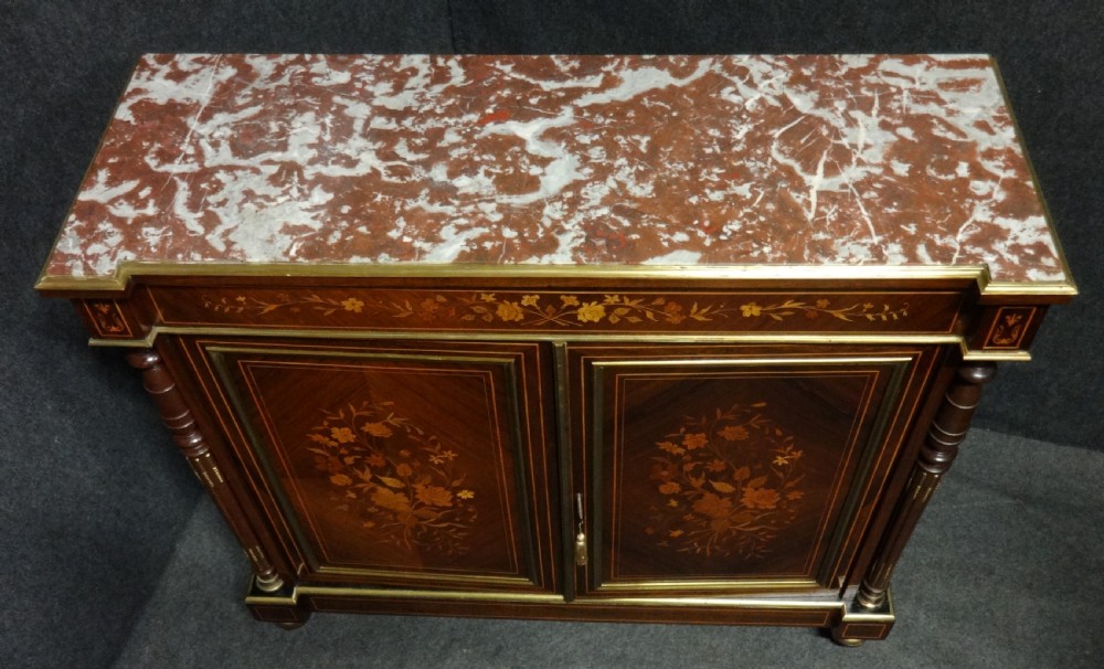 Superb French Marble Topped Rosewood Marquetry Two Door Cabinet View VIII