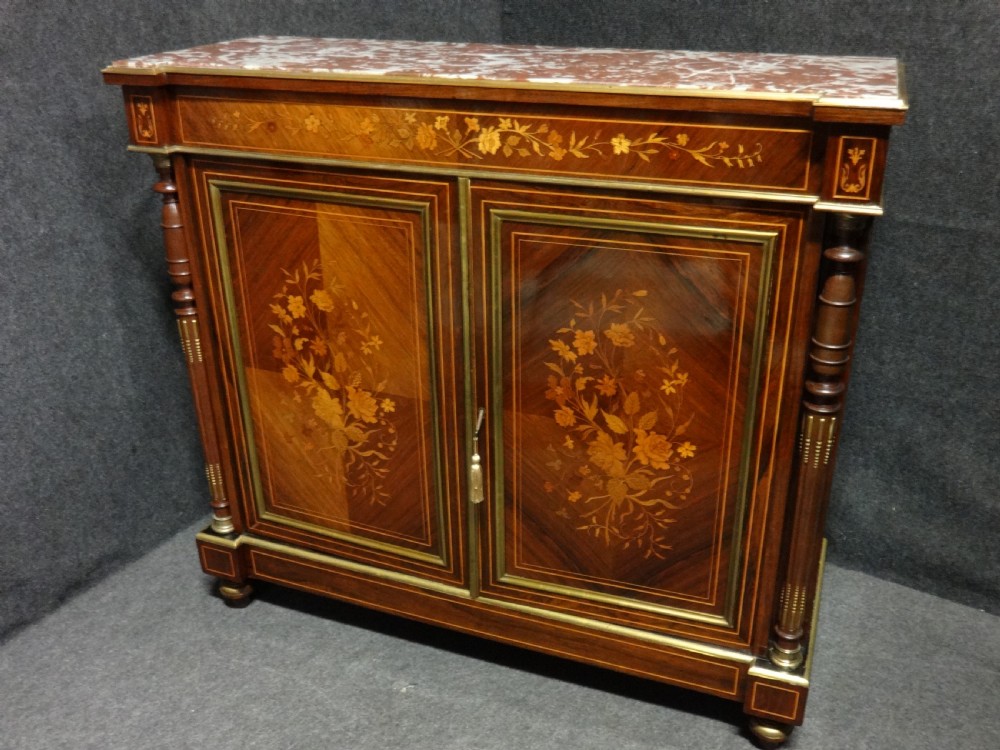 Superb French Marble Topped Rosewood Marquetry Two Door Cabinet View X