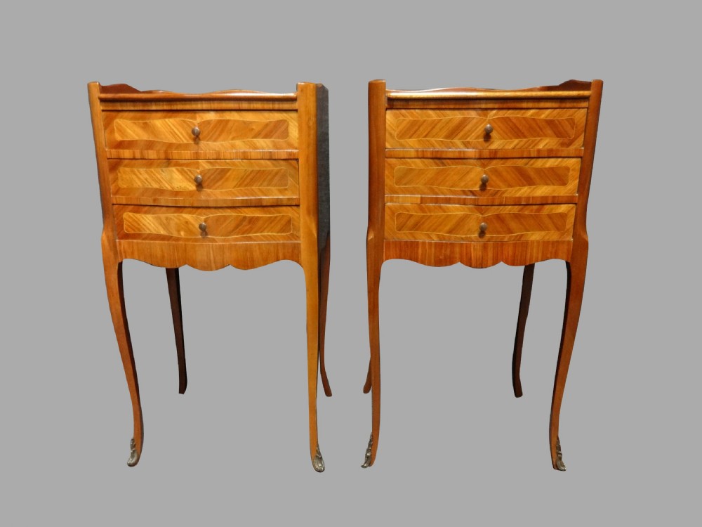 Very Good Pair French Tulipwood and Marquetry Bedside Lamp Chests of Drawers