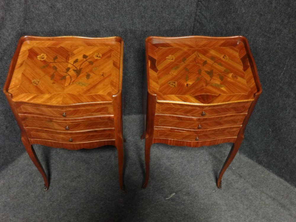 Very Good Pair French Tulipwood and Marquetry Bedside Lamp Chests of Drawers View III