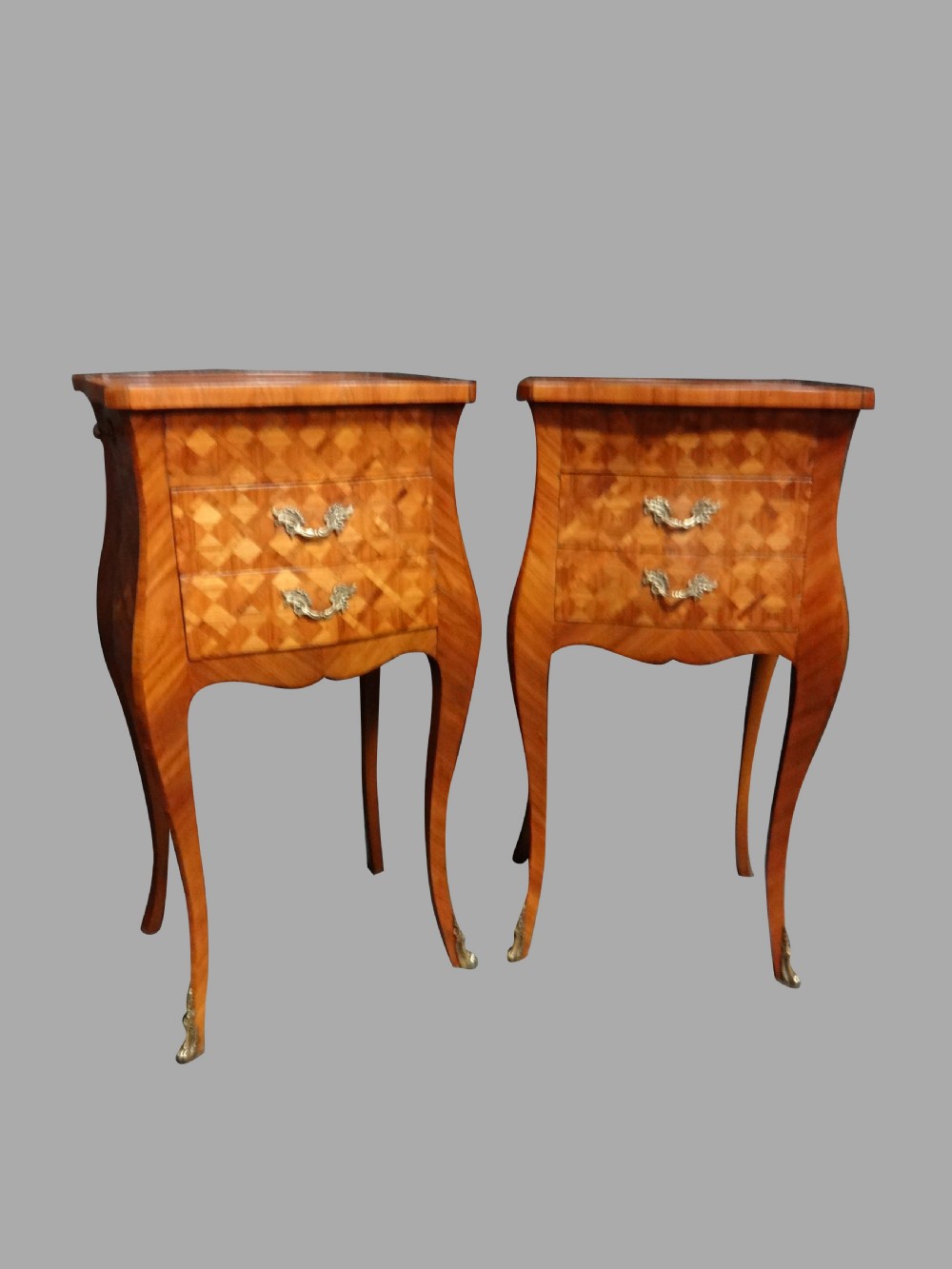 Pair Exquisite French Parquetry Bedside Lamp Chests of drawers