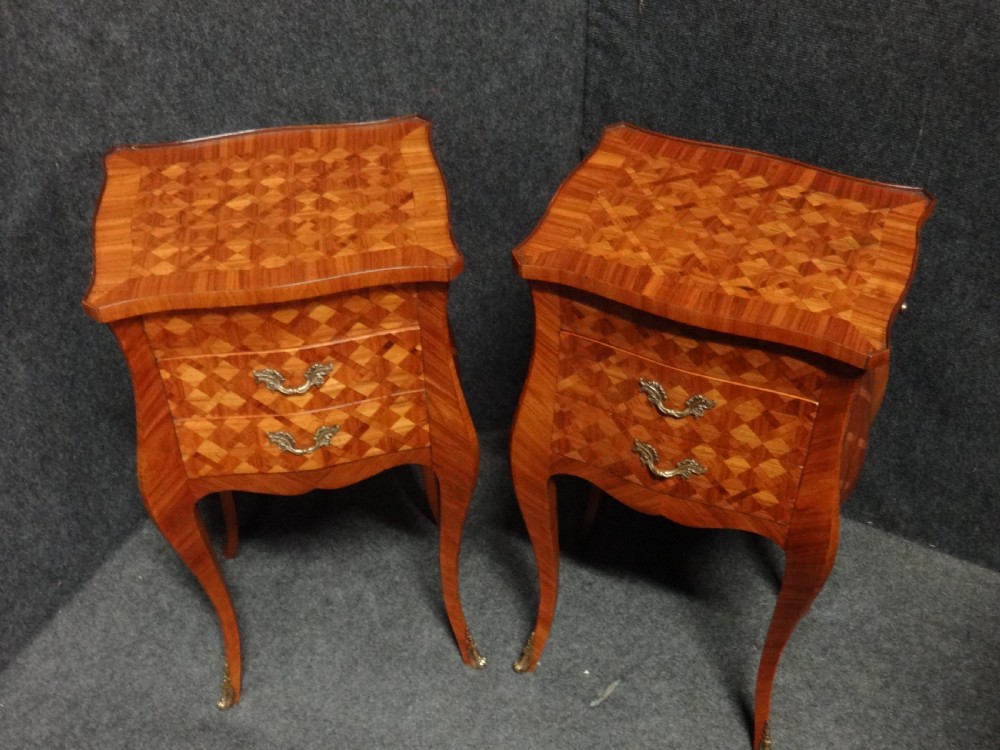 Pair Exquisite French Parquetry Bedside Lamp Chests of drawers View II