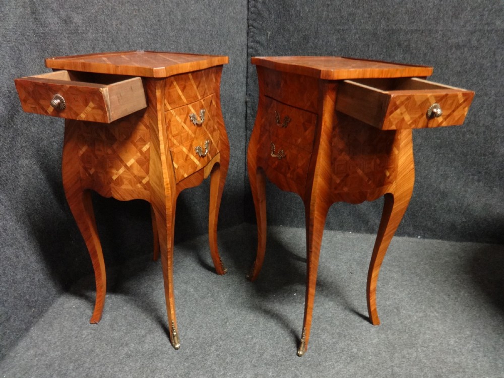 Pair Exquisite French Parquetry Bedside Lamp Chests of drawers View III