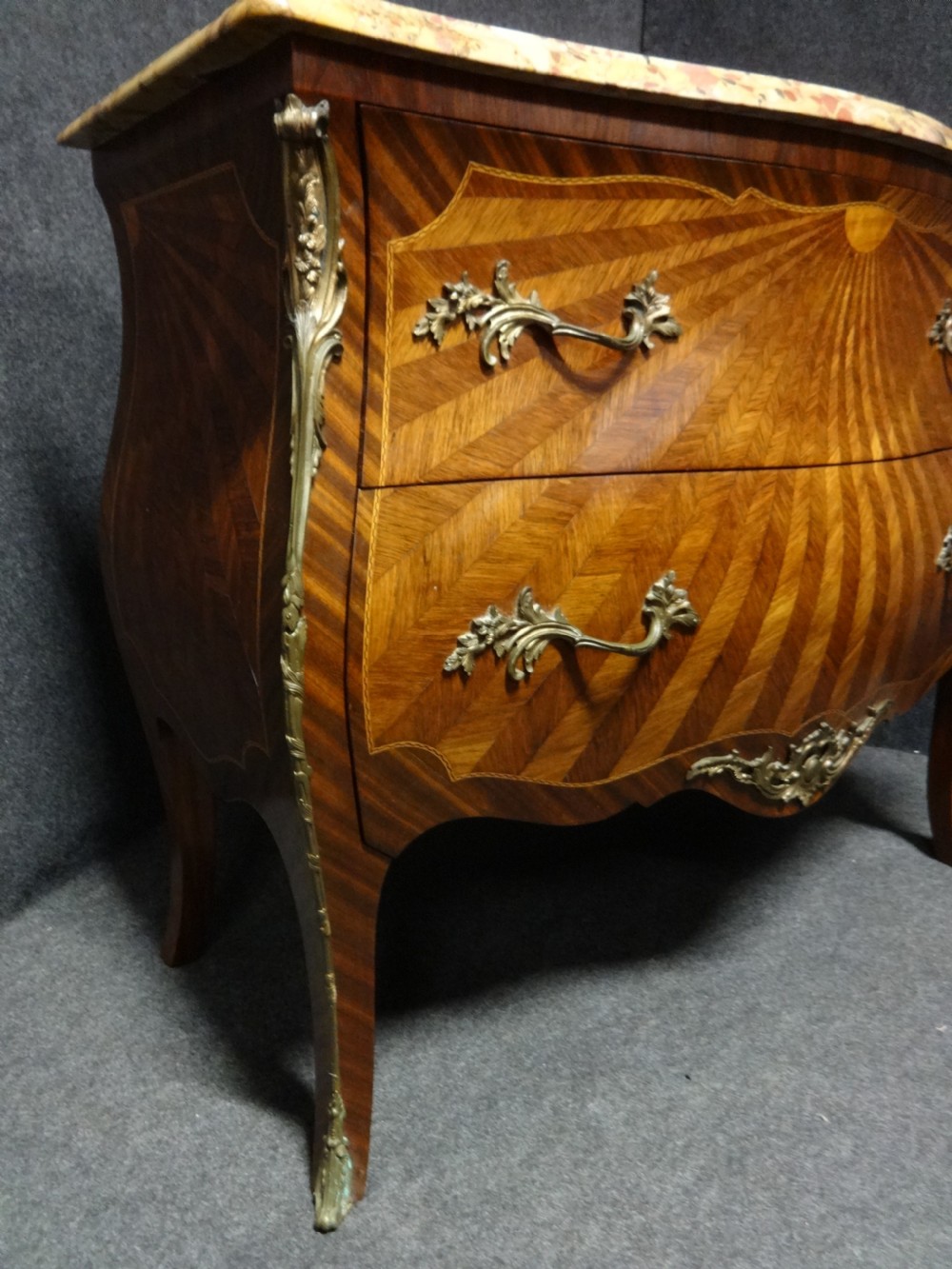 Outstanding French Sunburst Parquetry Commode Chest of Drawers View IV