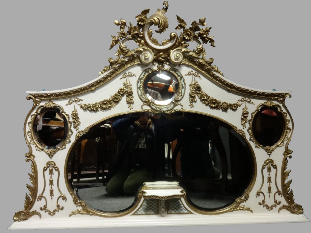 Super English Painted and Parcel Gilt Overmantle Mirror