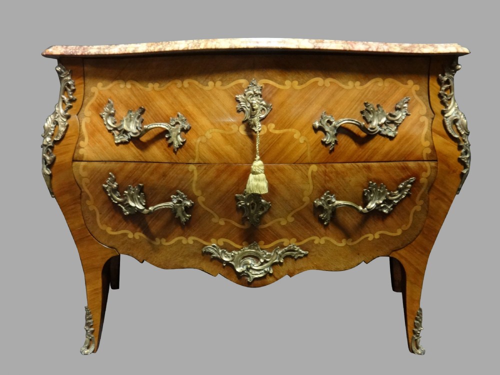 Excellent French Marquetry Bombe Commode Chest of Drawers
