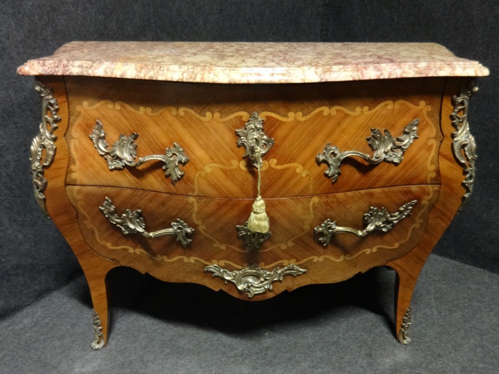Excellent French Marquetry Bombe Commode Chest of Drawers View II