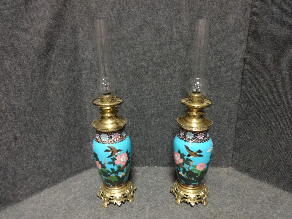 Pair Victorian Cloisonne Oil Lamps View II