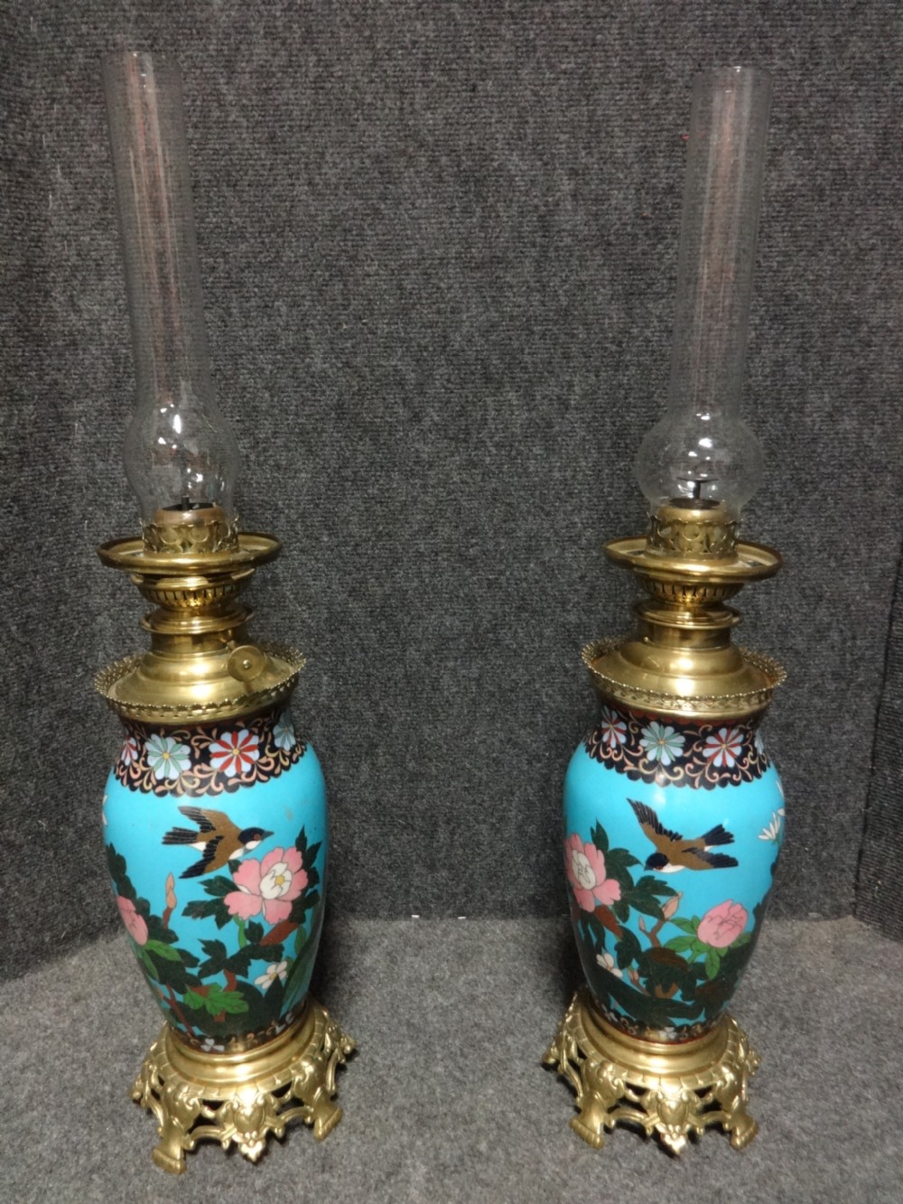 Pair Victorian Cloisonne Oil Lamps View III