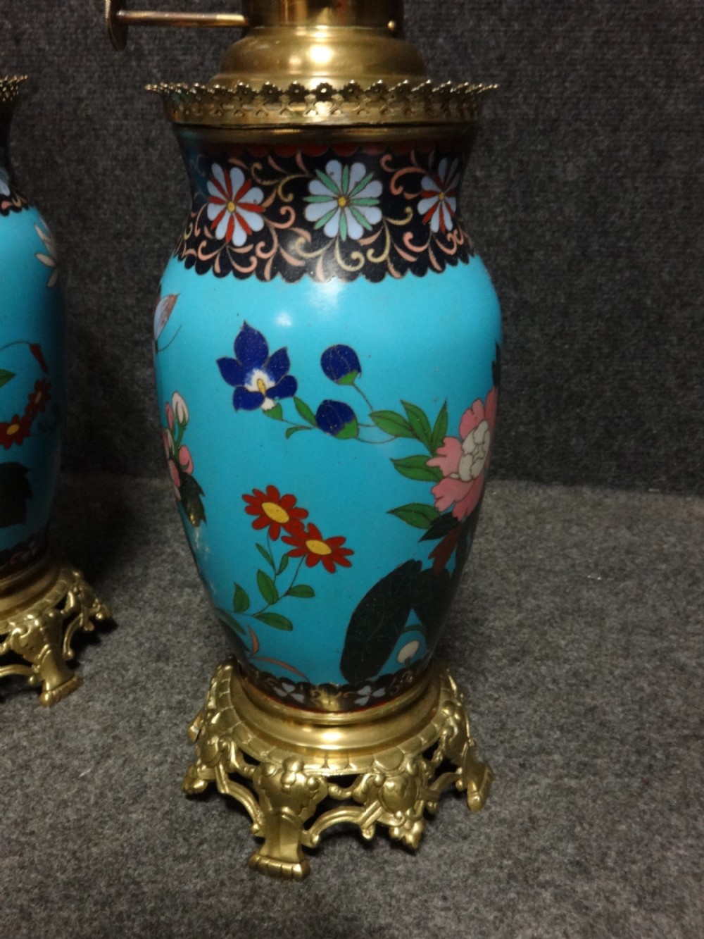 Pair Victorian Cloisonne Oil Lamps View X
