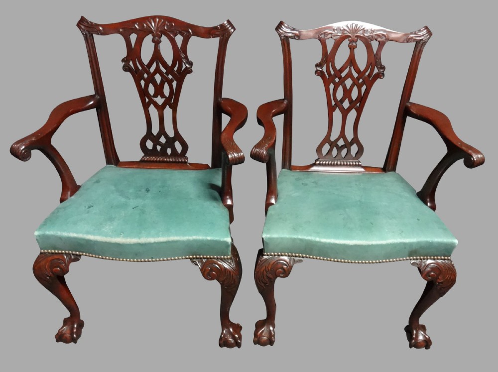 Good Pair Mahogany Chippendale Carver Chairs