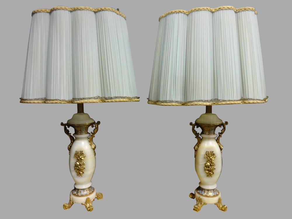 Wonderful Pair Chamleve and Alabaster Table Lamps
