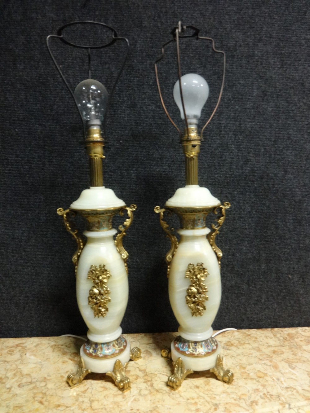 Wonderful Pair Chamleve and Alabaster Table Lamps View II