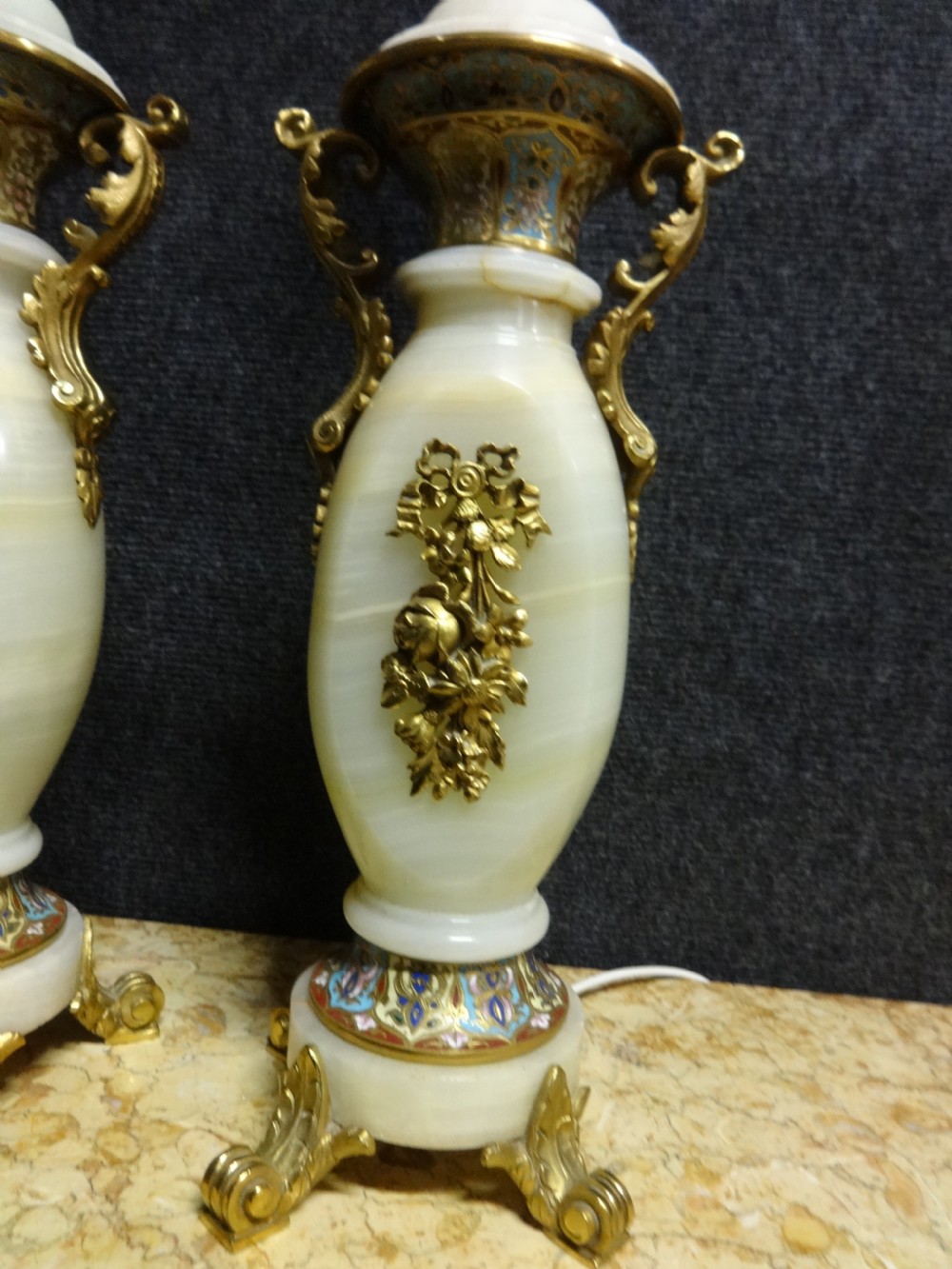 Wonderful Pair Chamleve and Alabaster Table Lamps View III
